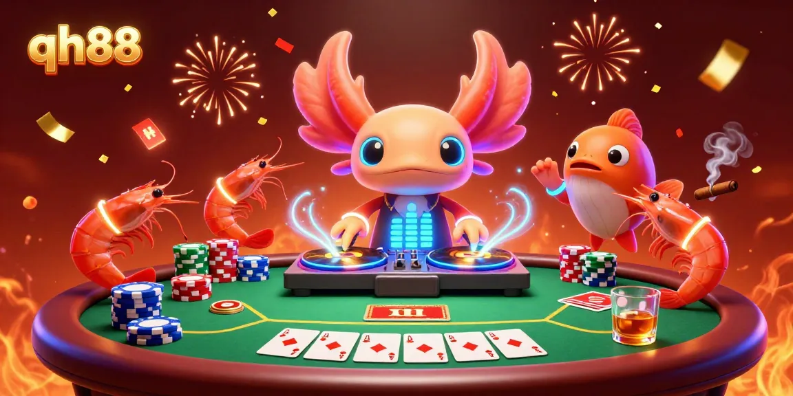 Experience the vibrant energy at qh88 Casino with a neon-colored DJ and animated poker elements.