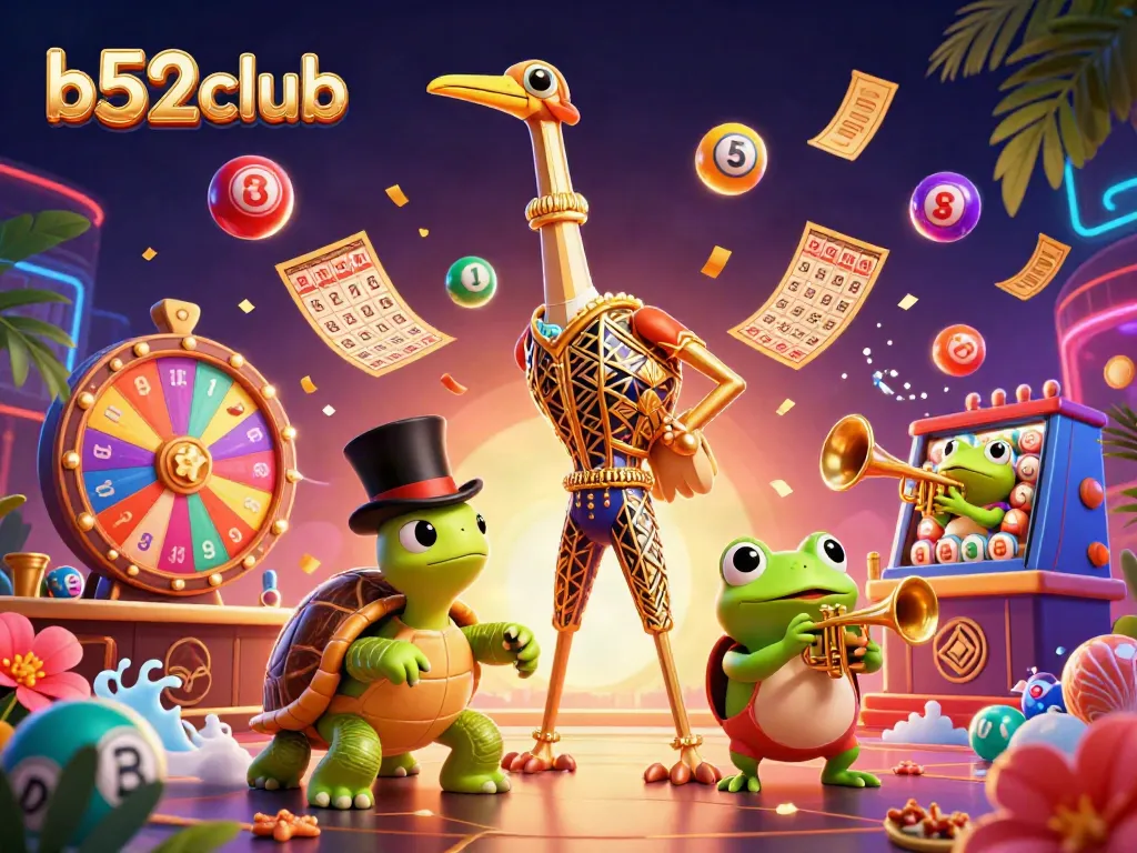 b52club captures excitement with vibrant lottery symbols and characters at a roaring twenties casino scene