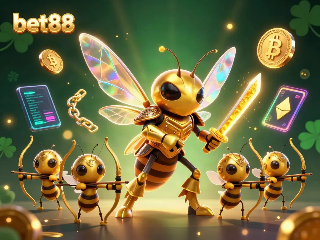 Experience thrilling bet88 adventures with a giant golden hornet samurai and bee archers in a vibrant casino-themed scene.