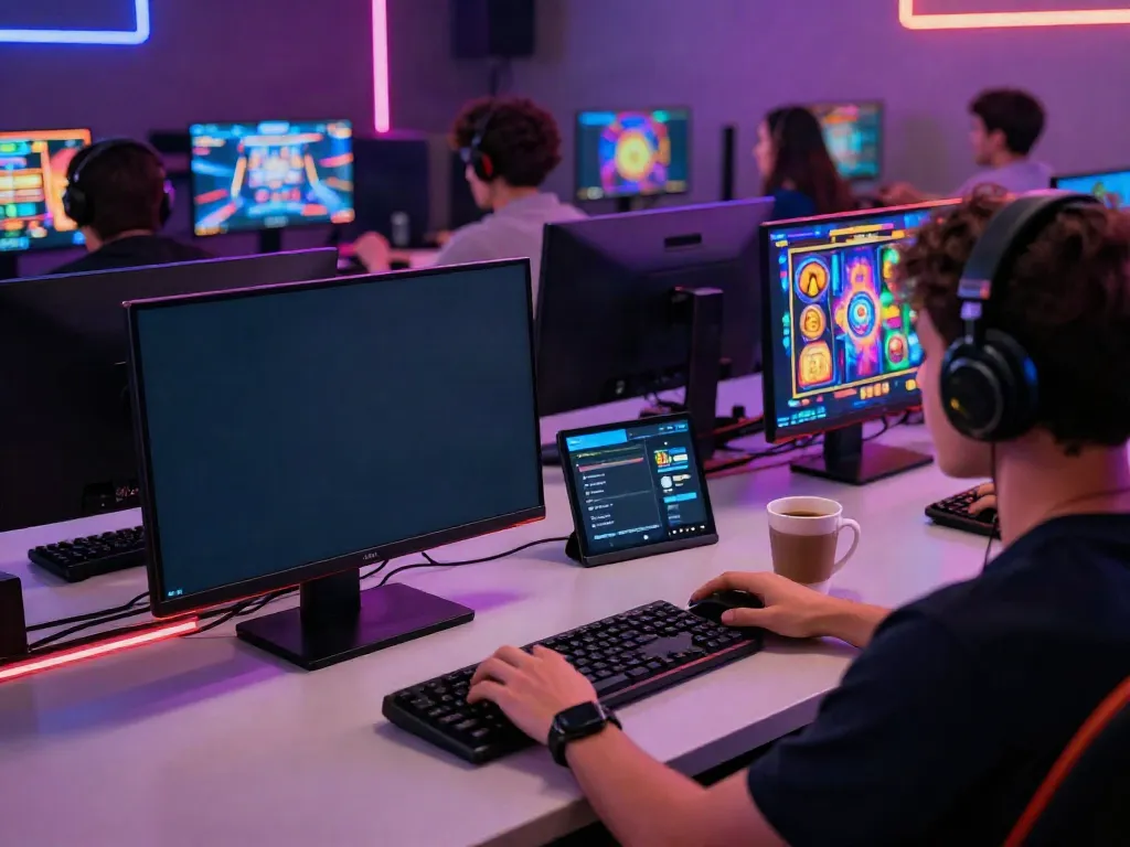 Player engaged in exciting slot gacor games with multiple screens and vibrant gaming setup.