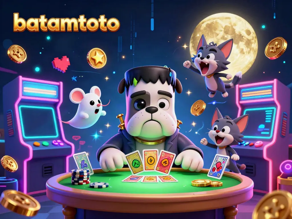 Engage with batamtoto in an exciting 3D casino scene where a cartoon bulldog deals cards