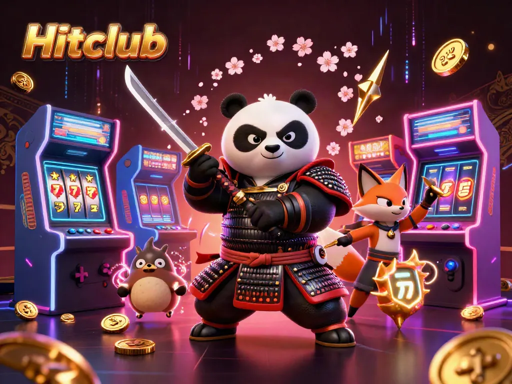 Hitclub illustration showcasing a panda samurai and ninja fox amidst vibrant casino symbols.