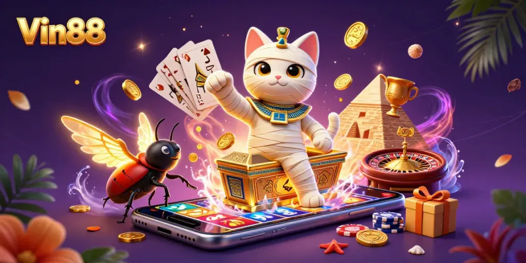 Experience Vin88 excitement as an Egyptian mummy cat and scarab beetle play in a vibrant casino scene.