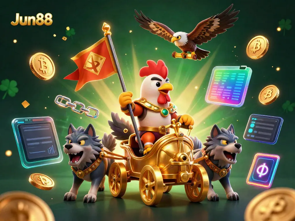 Experience Jun88 with a vibrant casino scene featuring a rooster warlord and crypto elements