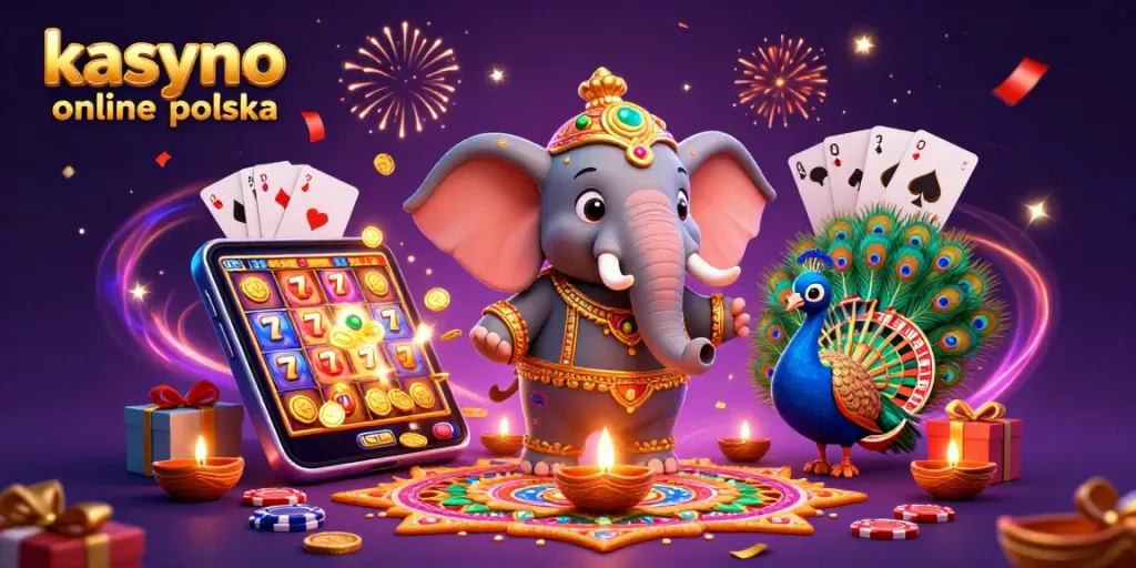 Experience the excitement of kasyno online polska with a vibrant 3D party scene of playful elements and characters.