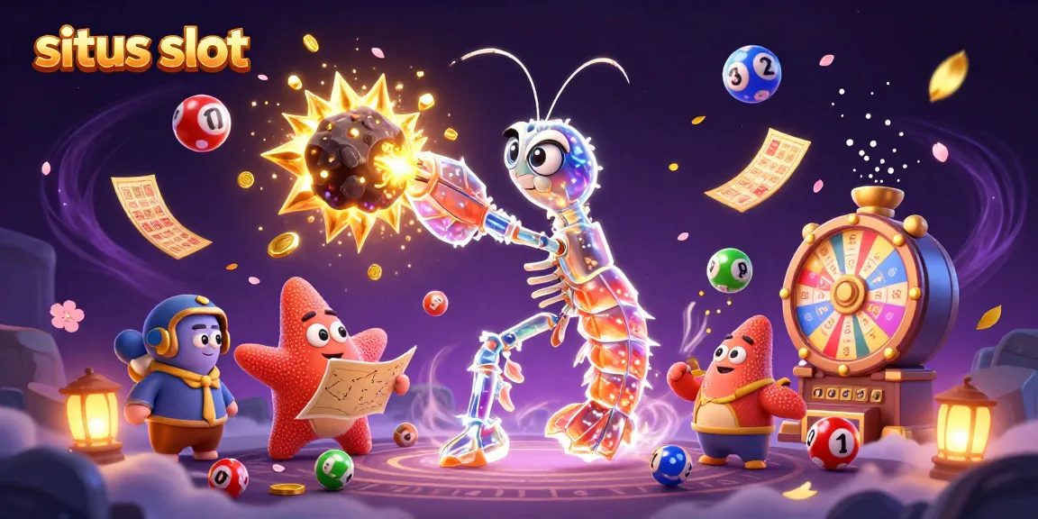 Situs slot showcases an explosive scene with a galactic samurai mantis shrimp and vibrant slot game elements.