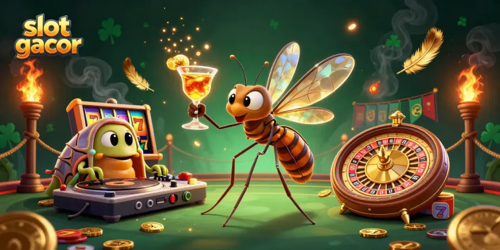 Slot gacor dengan karakter kasino unik membawa cocktail emas di latar arena pertarungan.