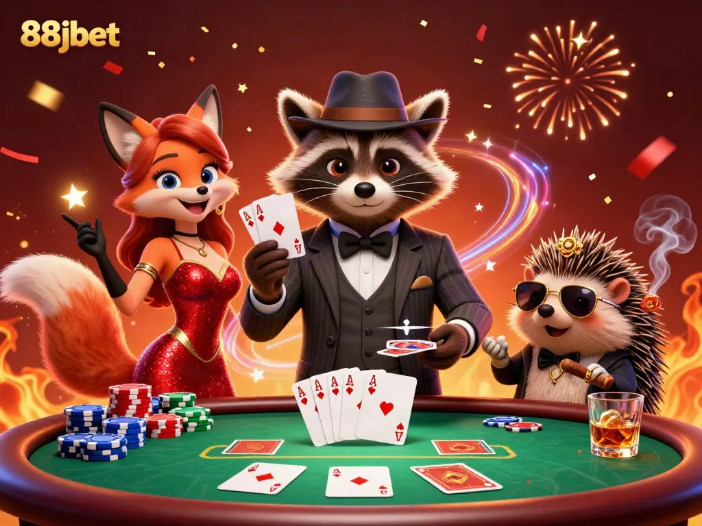 Engage in thrilling poker action with 88jbet, featuring a charming raccoon and friends celebrating a royal flush.