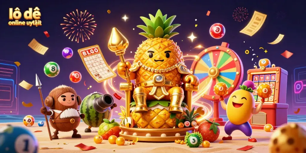 Engaging 3D illustration showcasing lô đề online uy tín with a tropical theme, lottery elements, and vibrant casino atmosphere.