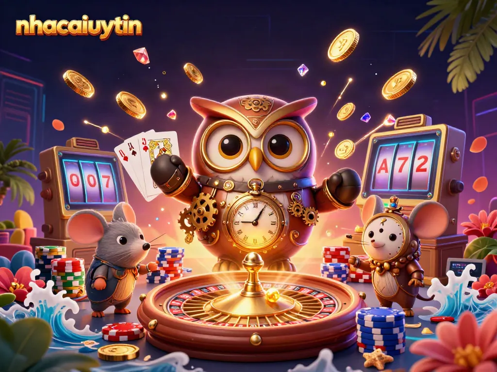 Experience the vibrant world of nhacaiuytin with a time-traveler owl navigating a steampunk casino universe.