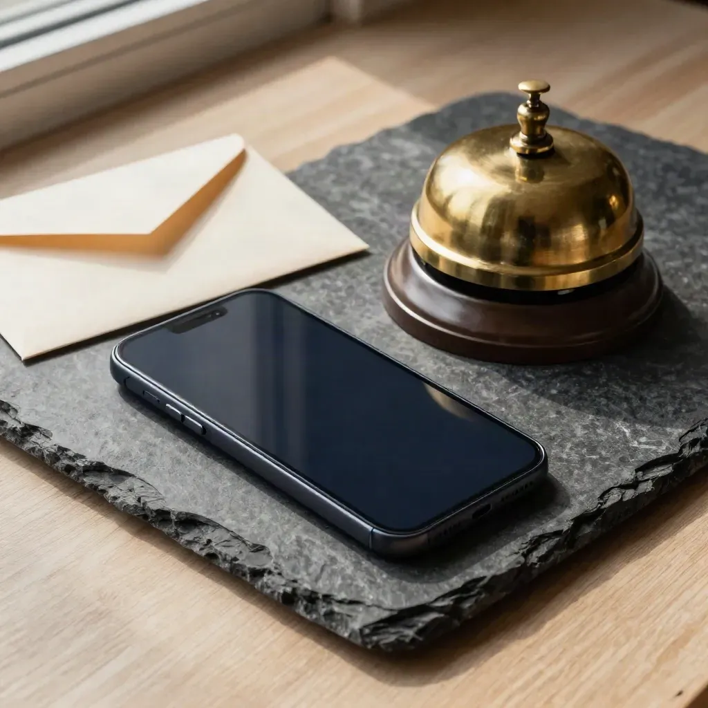 Z góry: telefon, mosiężny dzwonek i koperta na ciemnym kamiennym podkładzie.
