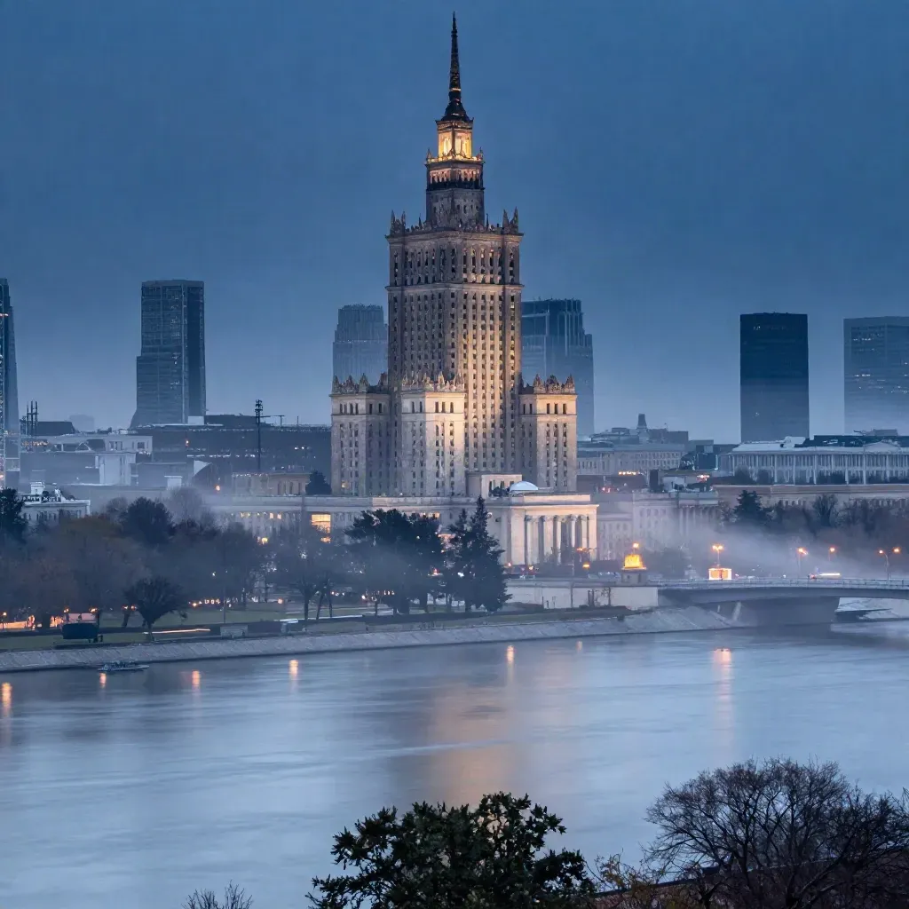 Panorama Warszawy o zmierzchu, Pałac Kultury nad mglistą Wisłą