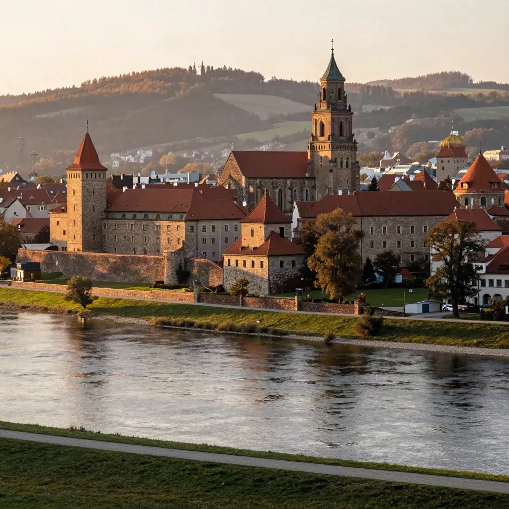 Wawel nad Wisłą w złotym świetle wieczoru, z mgłą i dachami Krakowa