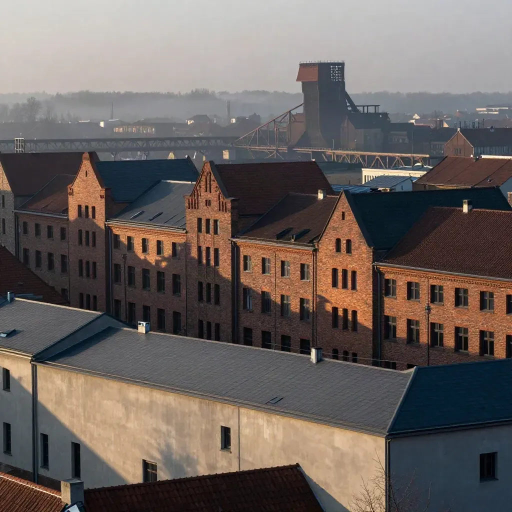 Nikiszowiec i przemysłowe sylwetki Śląska w ciężkiej mgle o późnym popołudniu