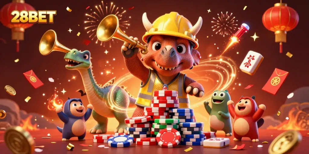 Engage in the excitement of 28BET with vibrant poker-themed dinosaurs celebrating amidst a festive gaming atmosphere.