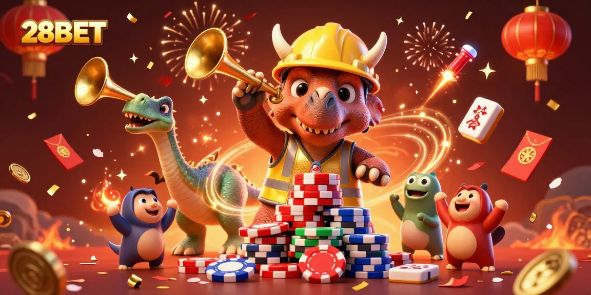 Engage in the excitement of 28BET with vibrant poker-themed dinosaurs celebrating amidst a festive gaming atmosphere.