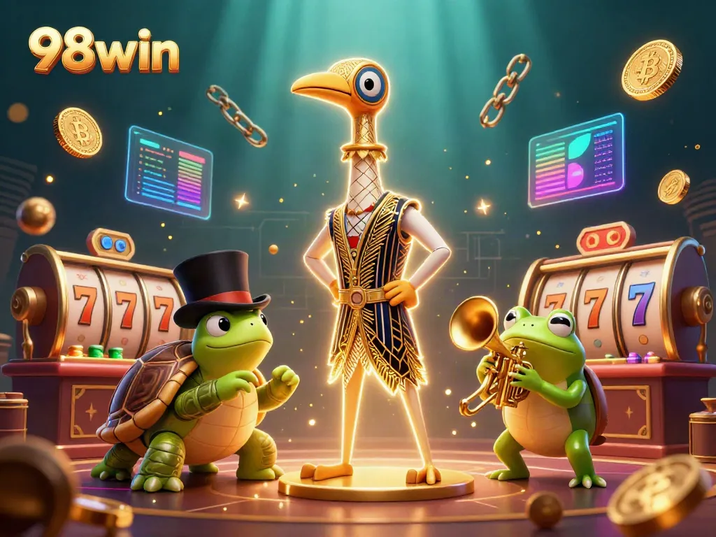 Play slots and win big with 98win's vibrant 3D casino illustration featuring lively characters.