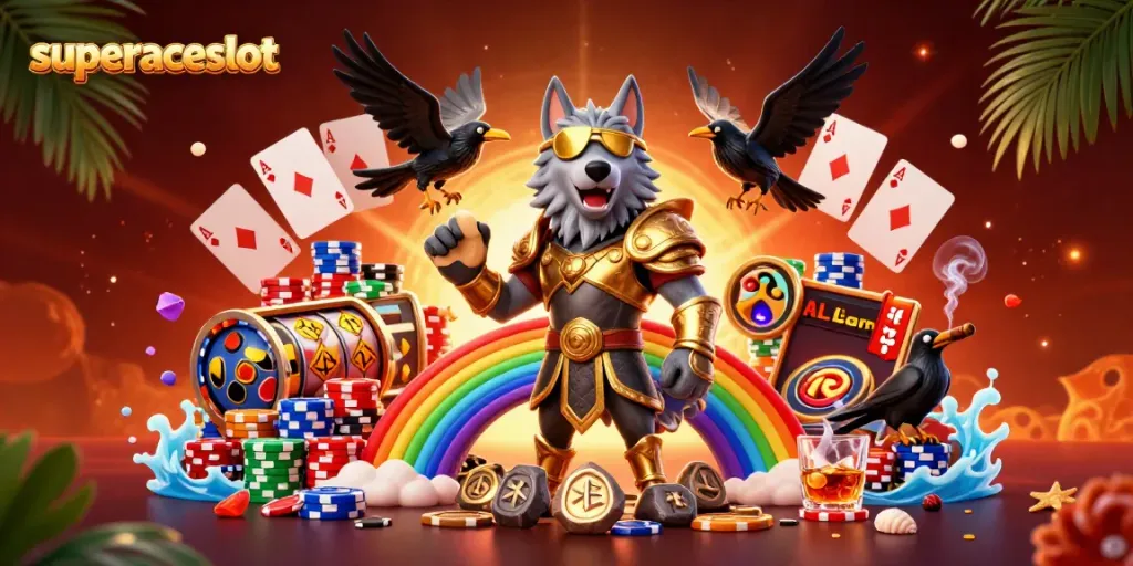 Play superaceslot with a colorful array of slot reels and casino characters in a dynamic scene.
