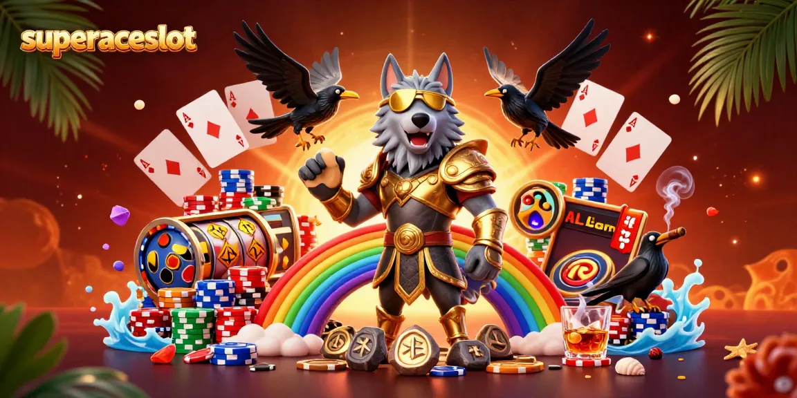 Play superaceslot with a colorful array of slot reels and casino characters in a dynamic scene.