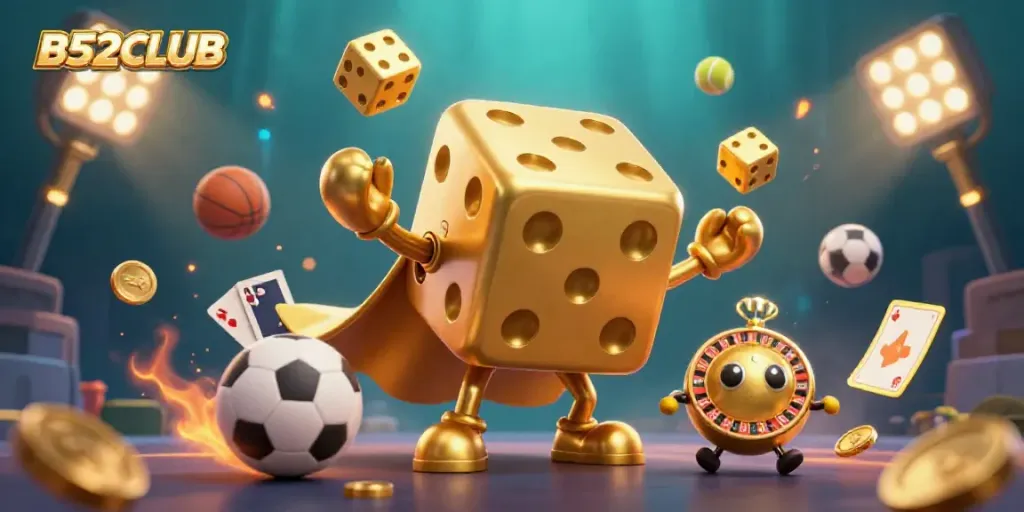 B52CLUB showcases a vibrant scene with a golden dice golem and dynamic sports elements, illustrating thrilling gambling action.