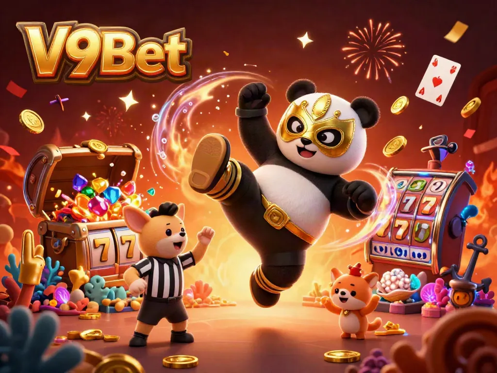 Experience thrilling gaming action with V9Bet in this vibrant 3D illustration, featuring dynamic characters and casino elements.