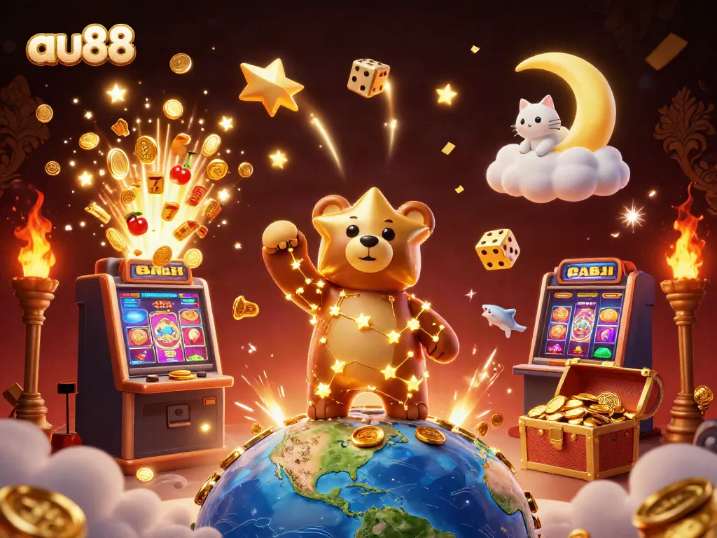 Experience the magic of gaming with au88 as a constellation bear collects coins amidst a bustling casino landscape.