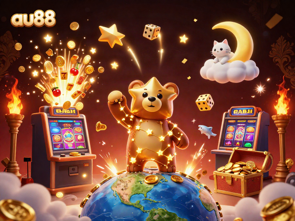 Experience the magic of gaming with au88 as a constellation bear collects coins amidst a bustling casino landscape.