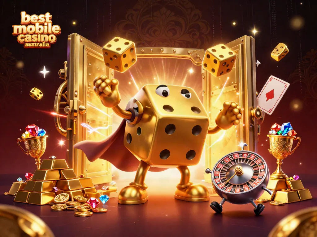 Experience the thrill of the best mobile casino Australia in a vibrant 3D scene featuring golden dice and gems.