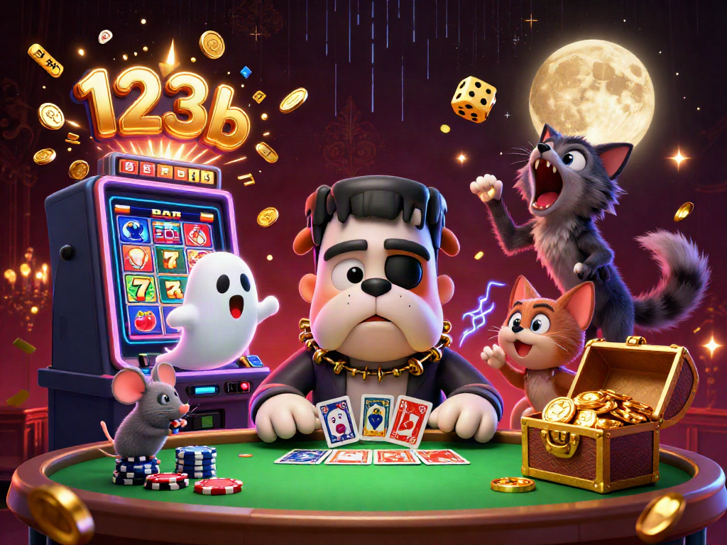 Experience the excitement of 123b with a dynamic scene featuring a cartoon bulldog dealer and lively casino elements.