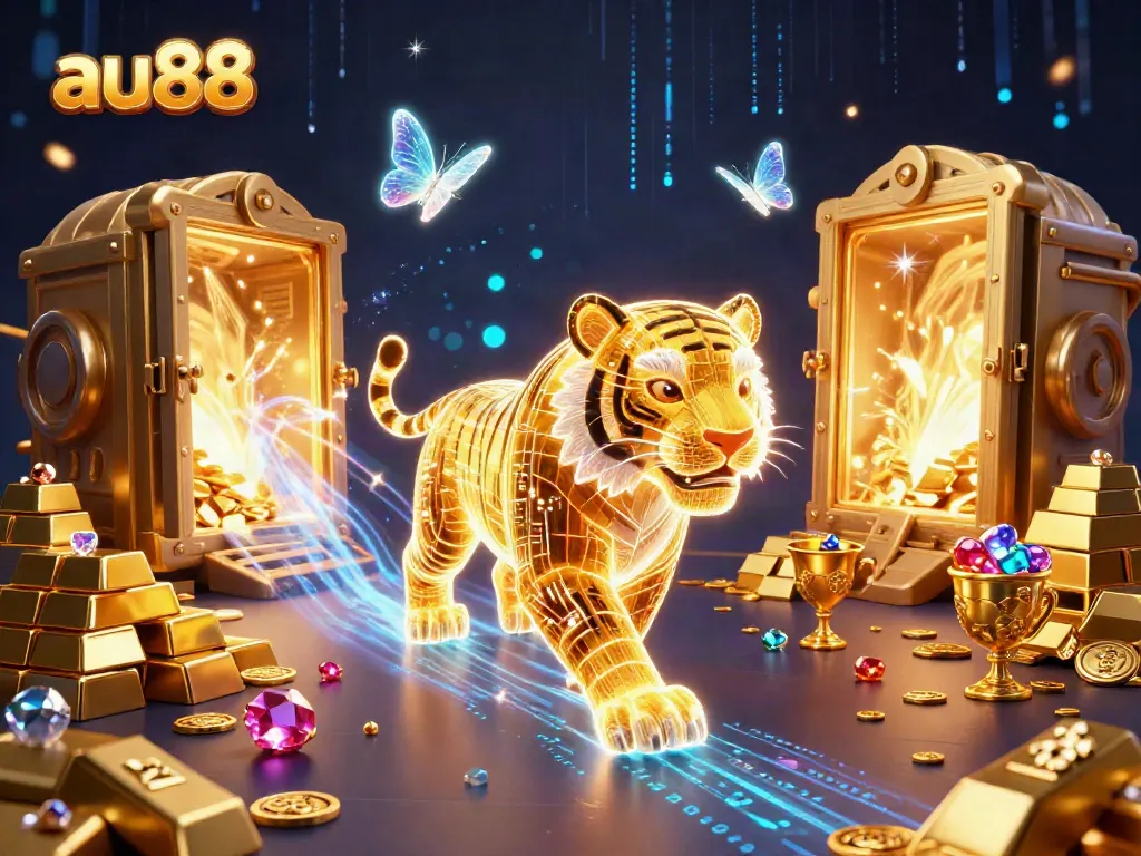 Engage in the vibrant casino world of au88 with a neon-wireframe tiger amidst treasures and gems.