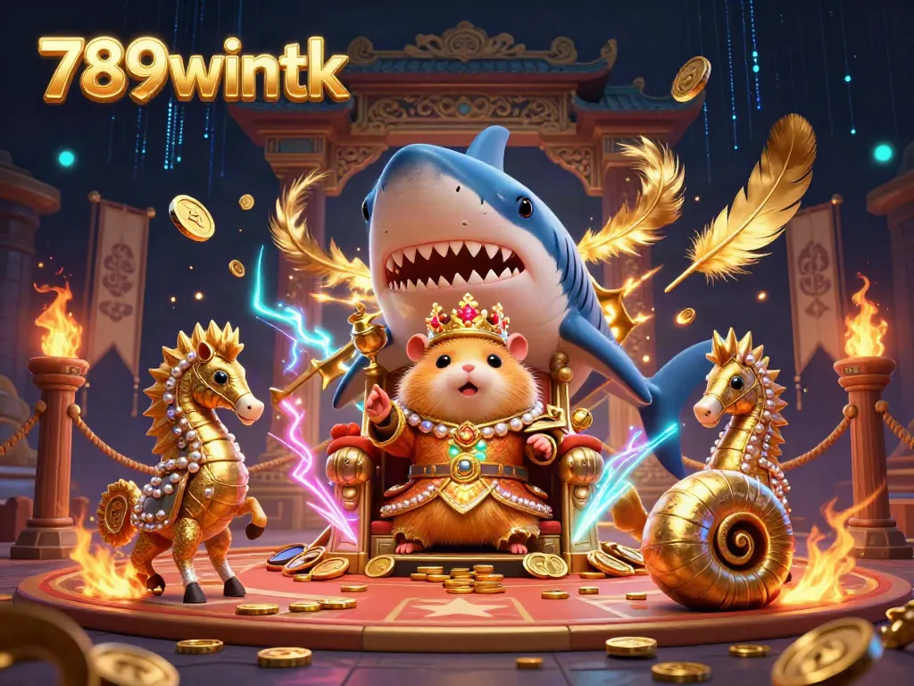 Engage with 789wintk's thrilling casino world illustrated in vibrant 3D style, featuring a fierce hamster king.