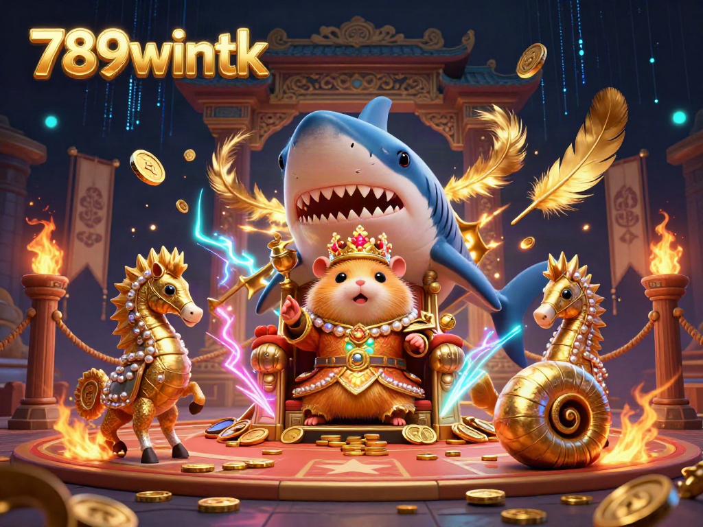 Engage with 789wintk's thrilling casino world illustrated in vibrant 3D style, featuring a fierce hamster king.