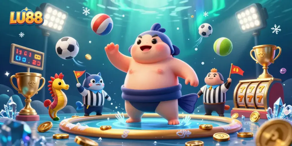Engage with LU88's vibrant underwater casino scene featuring a dynamic fugu, catfish referee, and action-packed game elements.