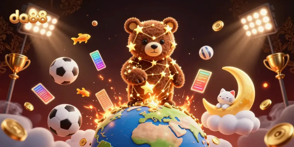 Experience thrilling gameplay at da88 with a magical scene featuring a golden constellation bear and dynamic sports betting action.