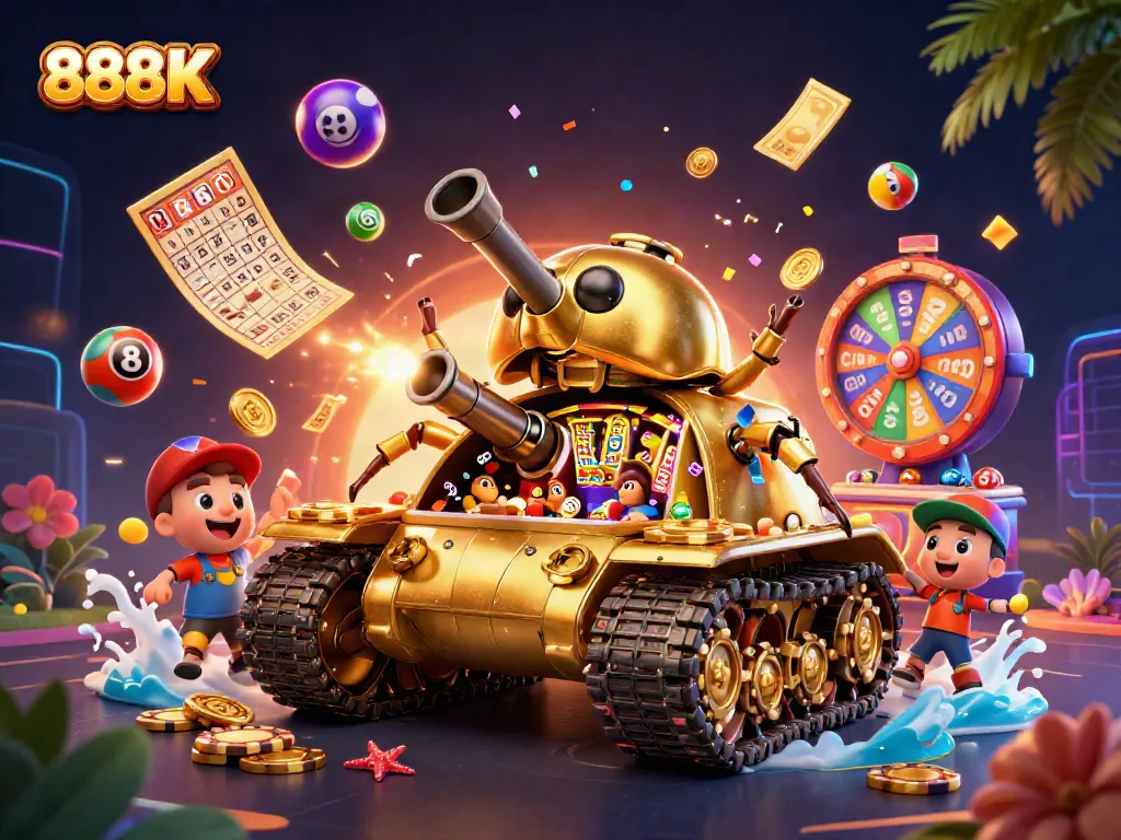 Spin the golden beetle tank 888K casino scene filled with lottery balls and confetti.