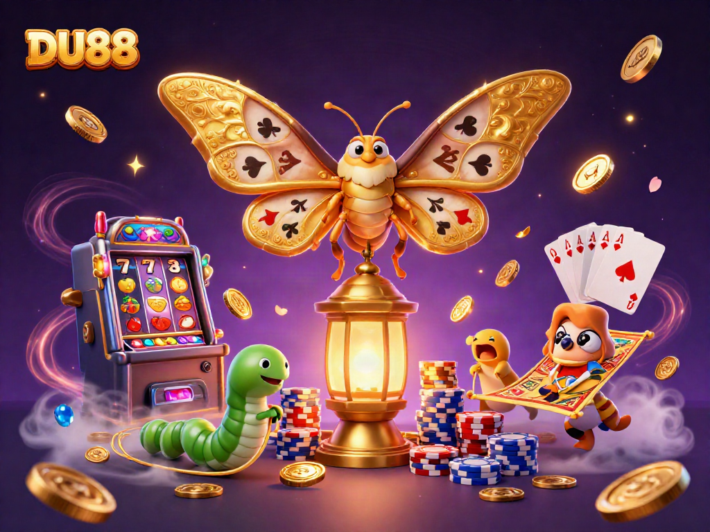Experience DU88 with captivating 3D illustration of a whimsical casino scene filled with excitement and vibrant elements.