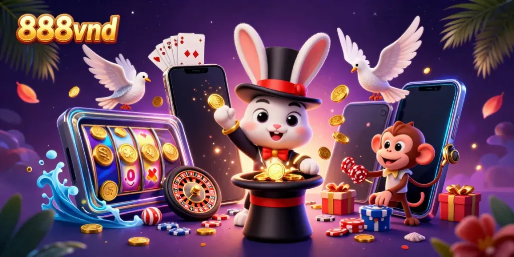 Experience the thrill of 888vnd with a magician rabbit pulling coins amidst dynamic casino elements