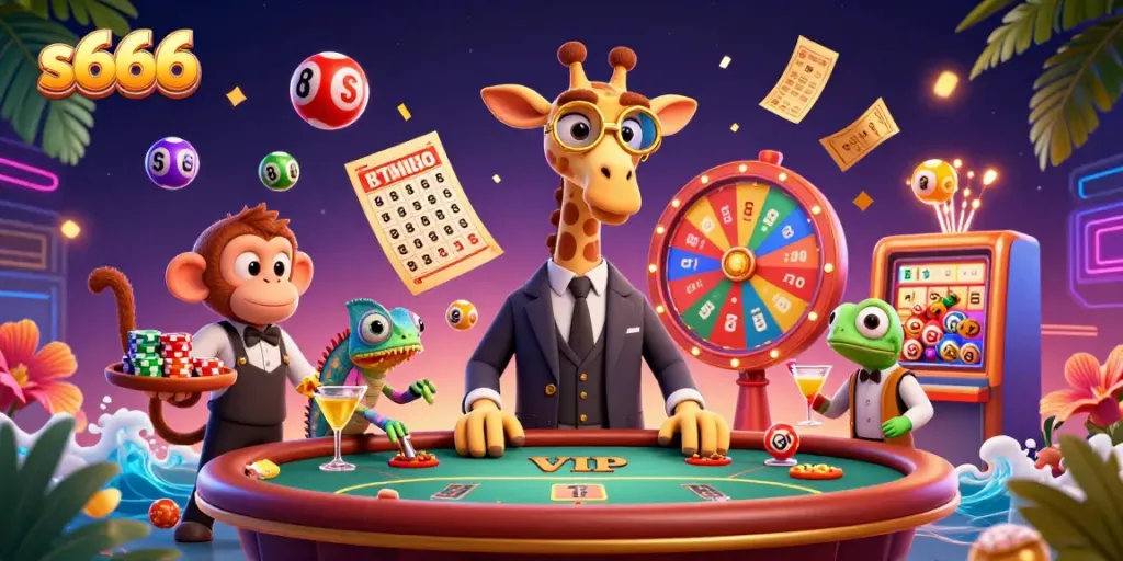 S666 themed vibrant 3D casino illustration showcasing a high-roller giraffe, monkey valet, and chameleon bartender amidst colorful gaming elements.