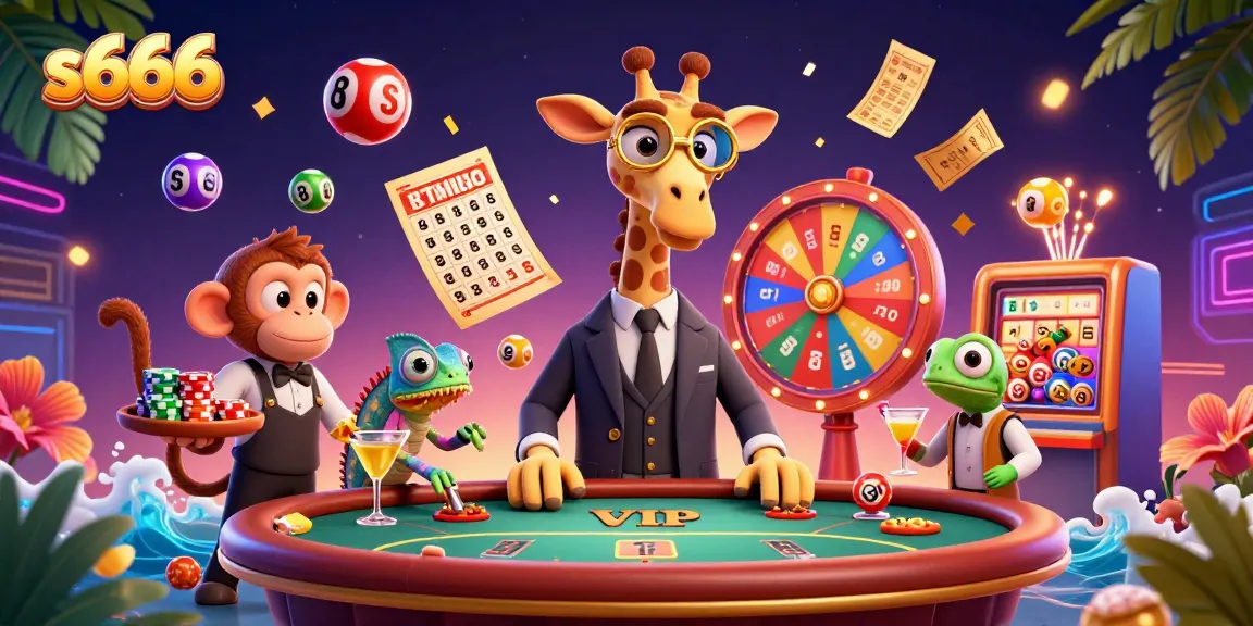 S666 themed vibrant 3D casino illustration showcasing a high-roller giraffe, monkey valet, and chameleon bartender amidst colorful gaming elements.