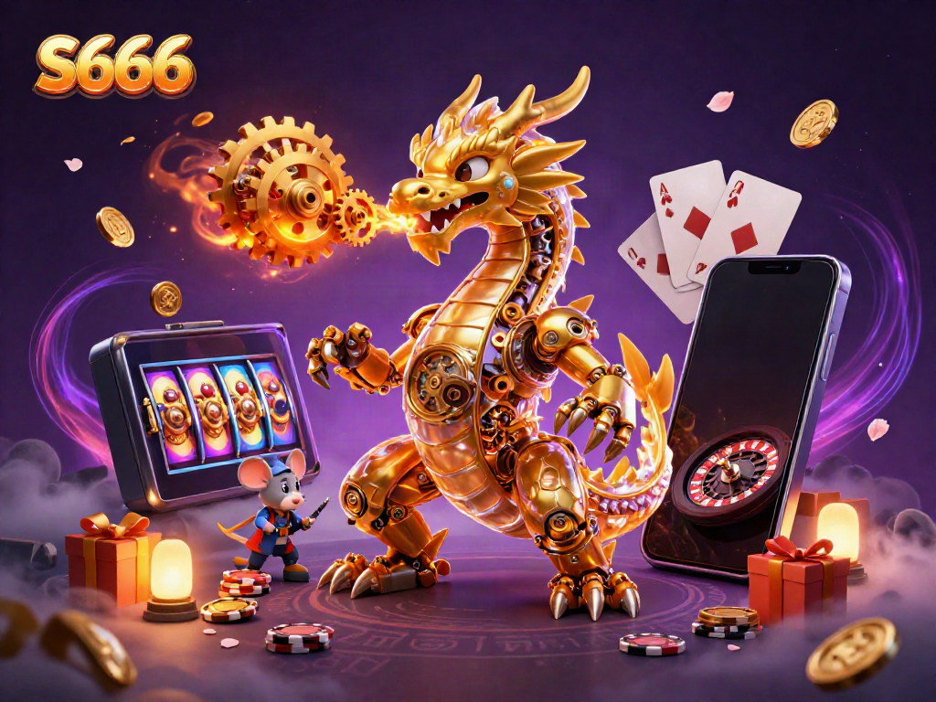 S666 promotes excitement with a golden dragon and engaging casino game elements in a rich illustrated scene.