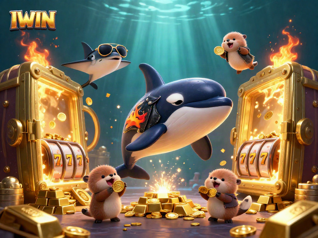 An engaging IWIN-themed 3D illustration showcasing an orca whale and otters amidst gold bars and vibrant lighting, highlighting casino excitement.