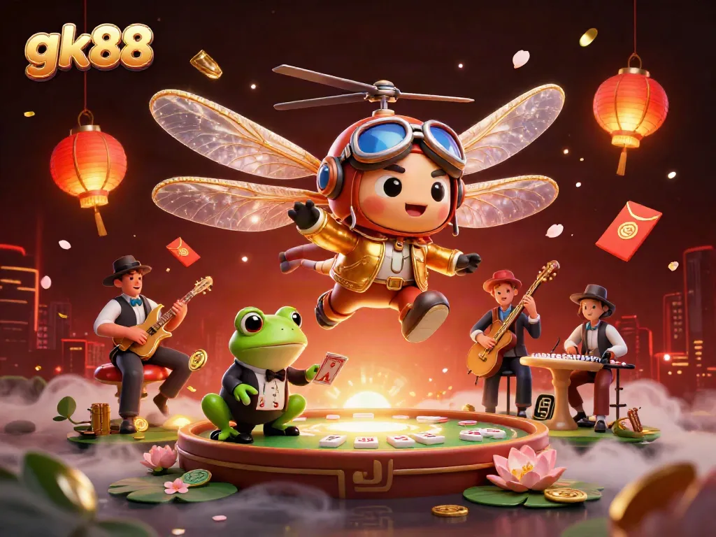 Experience the excitement of gk88 with a vibrant casino scene featuring a dragonfly pilot and a frog croupier.