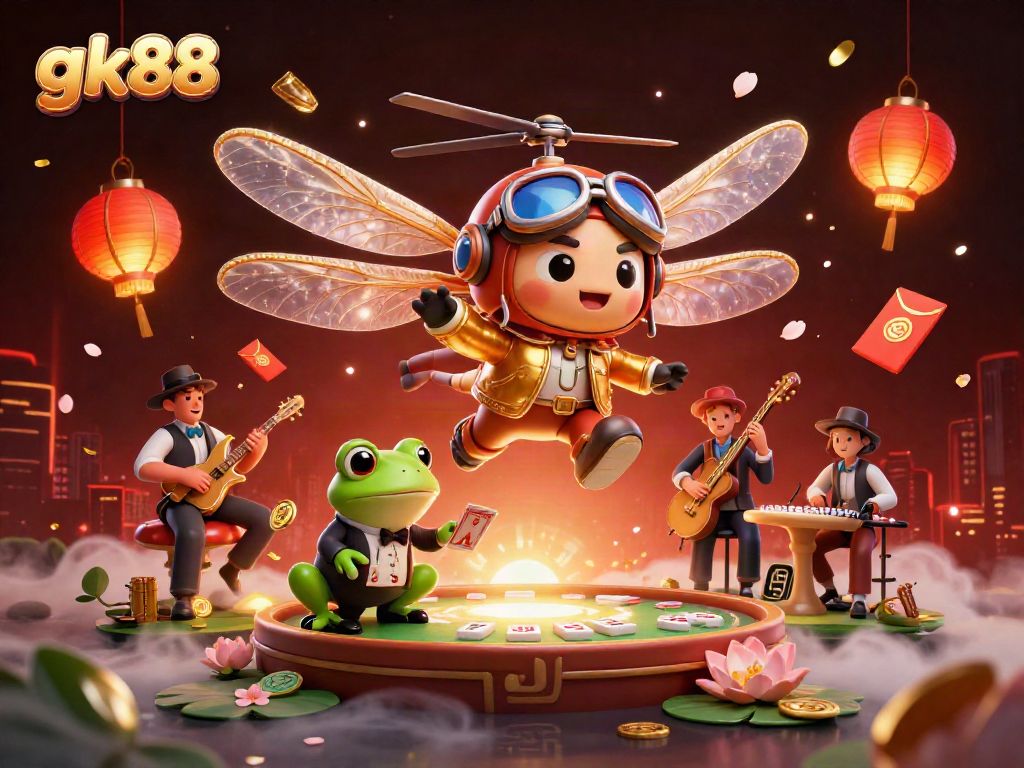 Experience the excitement of gk88 with a vibrant casino scene featuring a dragonfly pilot and a frog croupier.