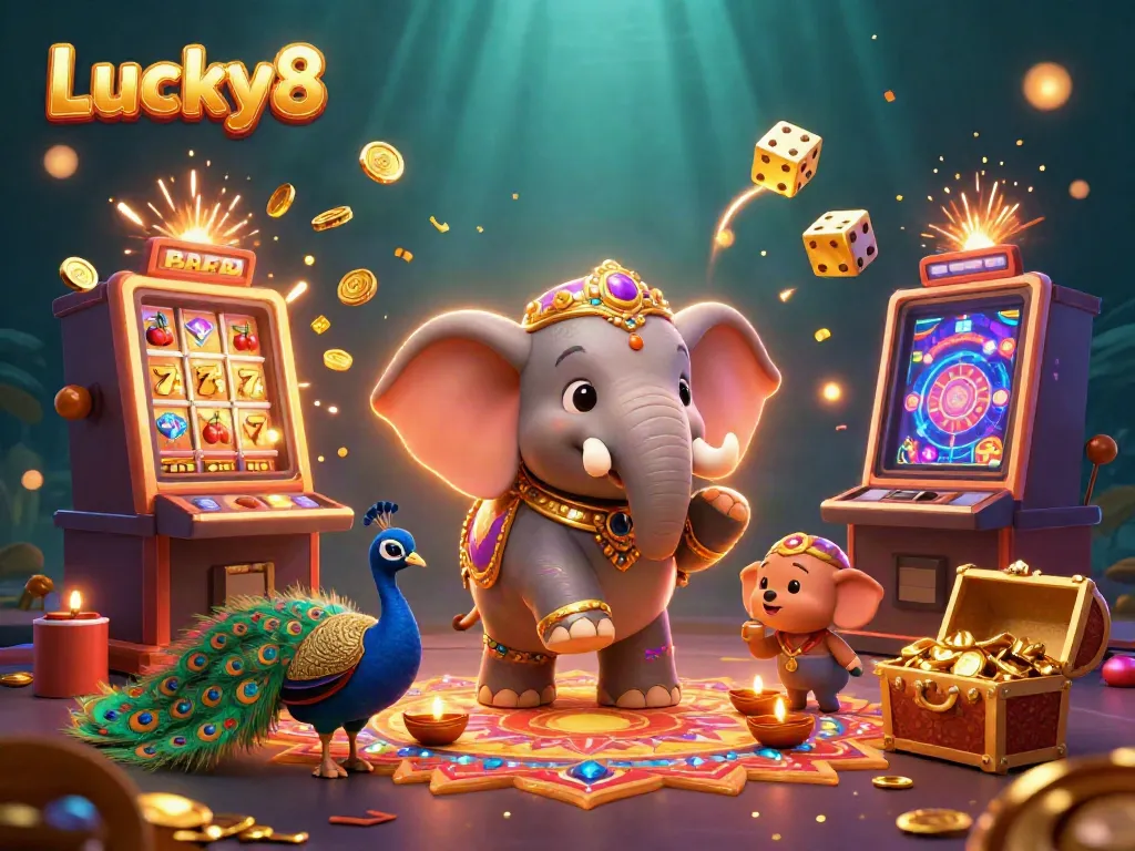 Engage with Lucky8 slot machines and jackpots in a vibrant 3D casino scene.