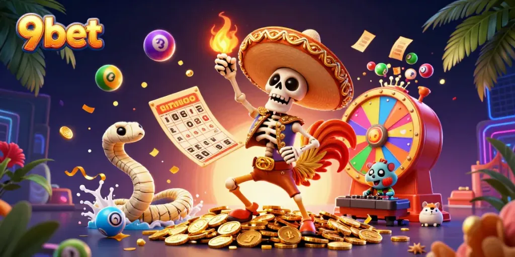 Experience thrilling victories with 9bet in this vibrant casino adventure illustration.