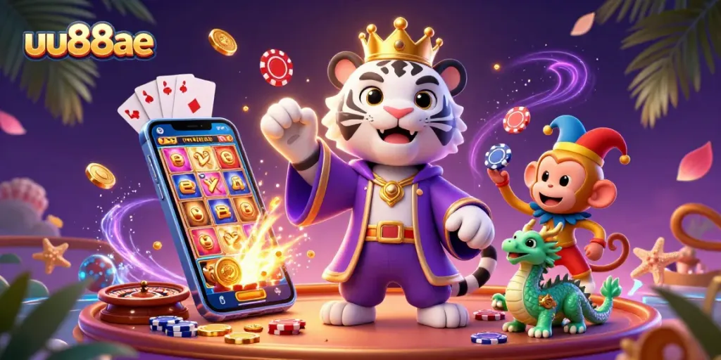 Win big at uu88ae's vibrant casino with a white tiger, jester monkey, and dynamic gaming elements.