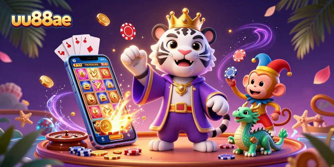 Win big at uu88ae's vibrant casino with a white tiger, jester monkey, and dynamic gaming elements.