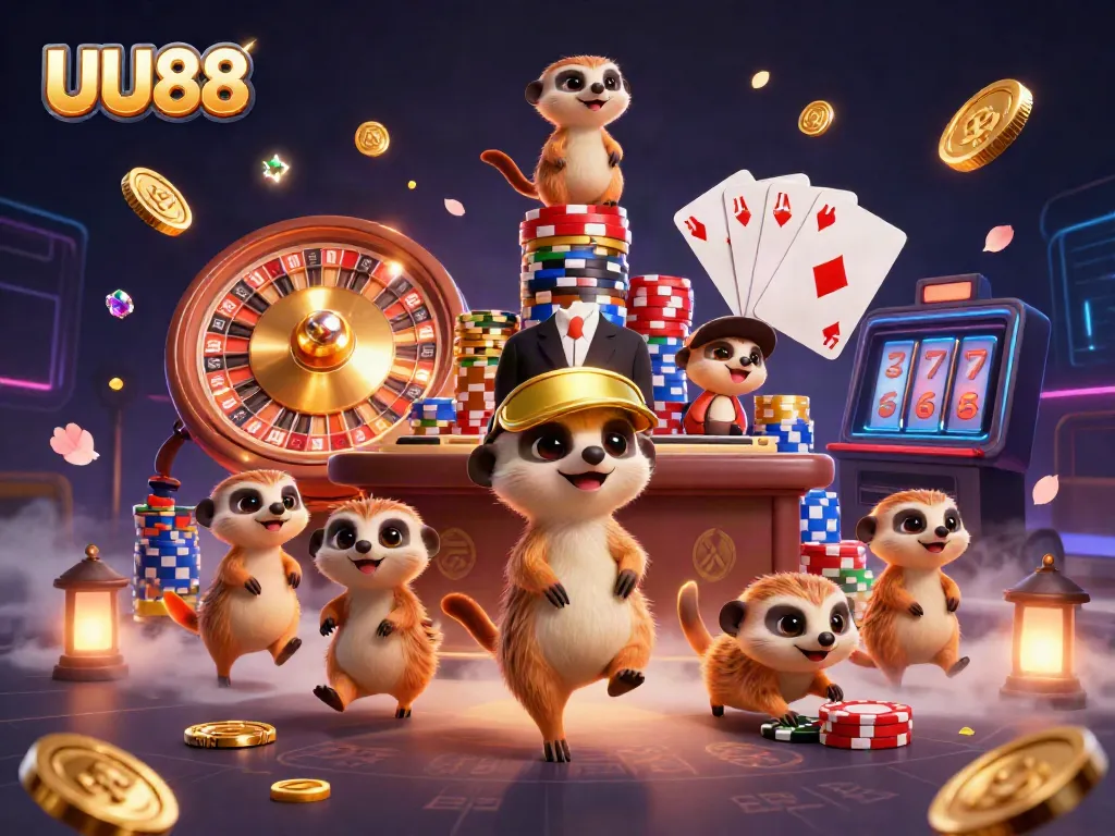 Experience the excitement of UU88 casino with meerkats orchestrating games, coins, and jewels flying.