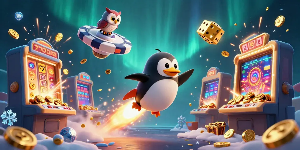 Engage with 789CLUB's thrilling gaming atmosphere featuring a golden penguin, vibrant slot machines, and dynamic casino elements.