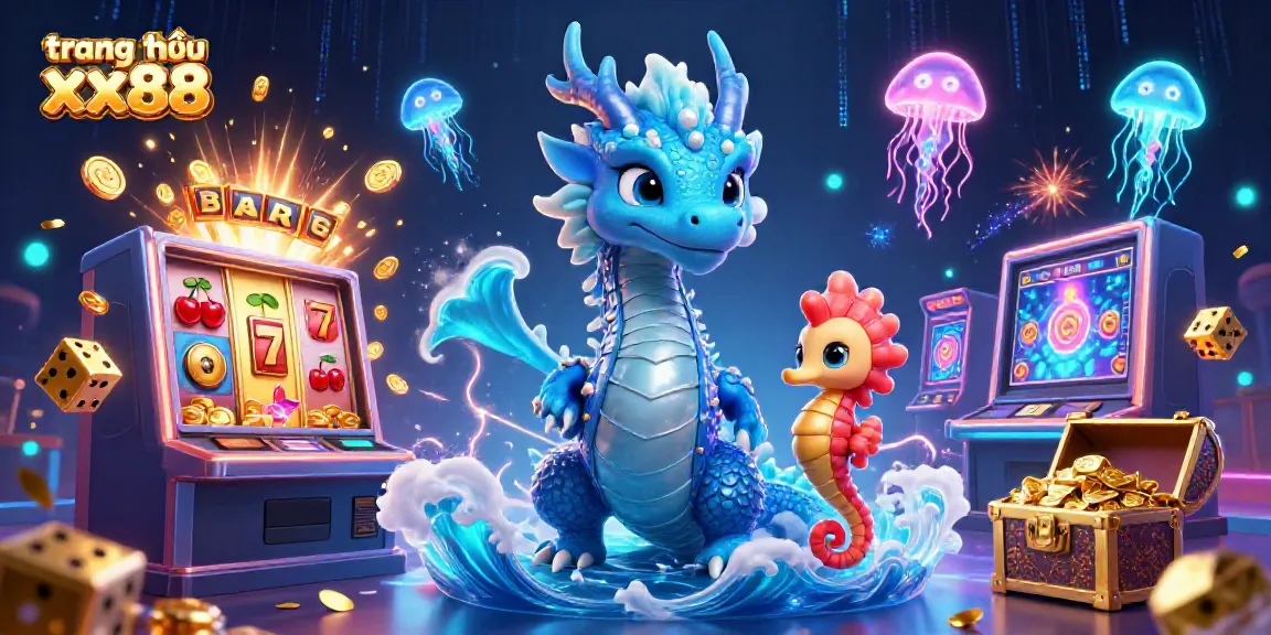 Experience excitement at trang chủ xx88 with a vibrant 3D casino illustration showcasing a dragon, seahorse knight, and colorful slot machine.